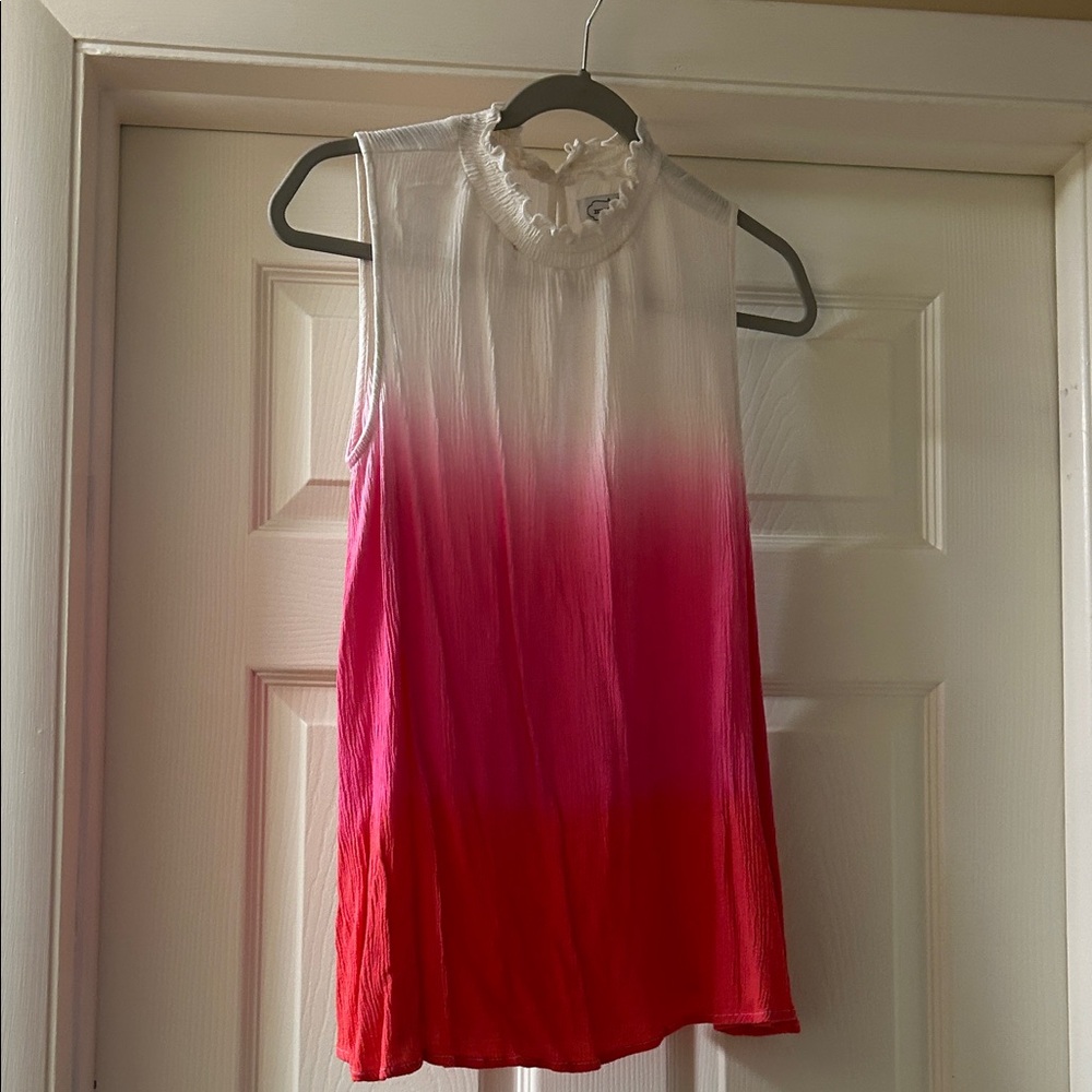Mud Pie White to Pink to Red Ombre Ruffle Neck Sleeveless Top